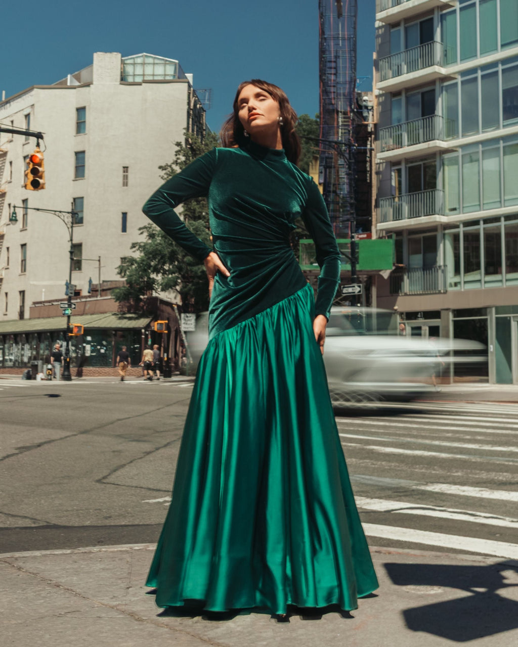 Emerald Green Velvet Bodice Long Sleeve Charmeuse Gown - Contemporary Collection