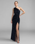 Navy Floral One Shoulder Sequin Gown With Slit - Contemporary Collection