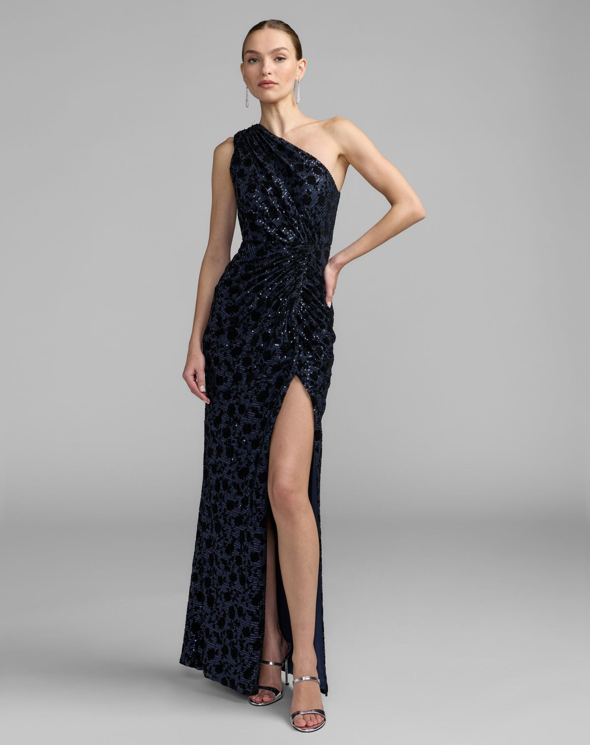 Navy Floral One Shoulder Sequin Gown With Slit - Contemporary Collection