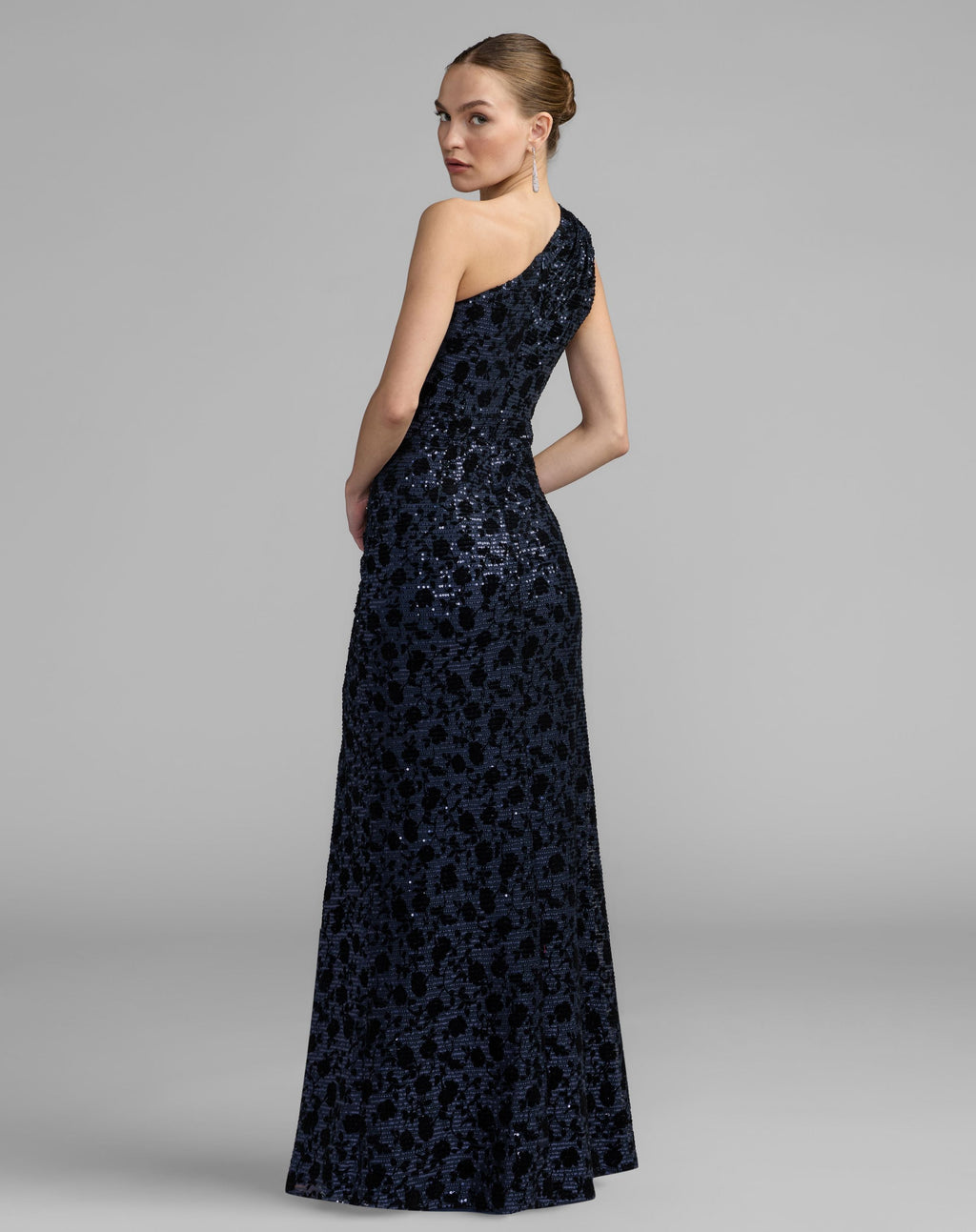 Navy Floral One Shoulder Sequin Gown With Slit - Contemporary Collection