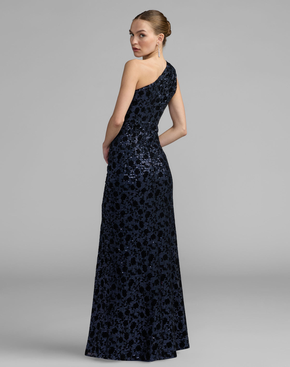 Navy Floral One Shoulder Sequin Gown With Slit - Contemporary Collection