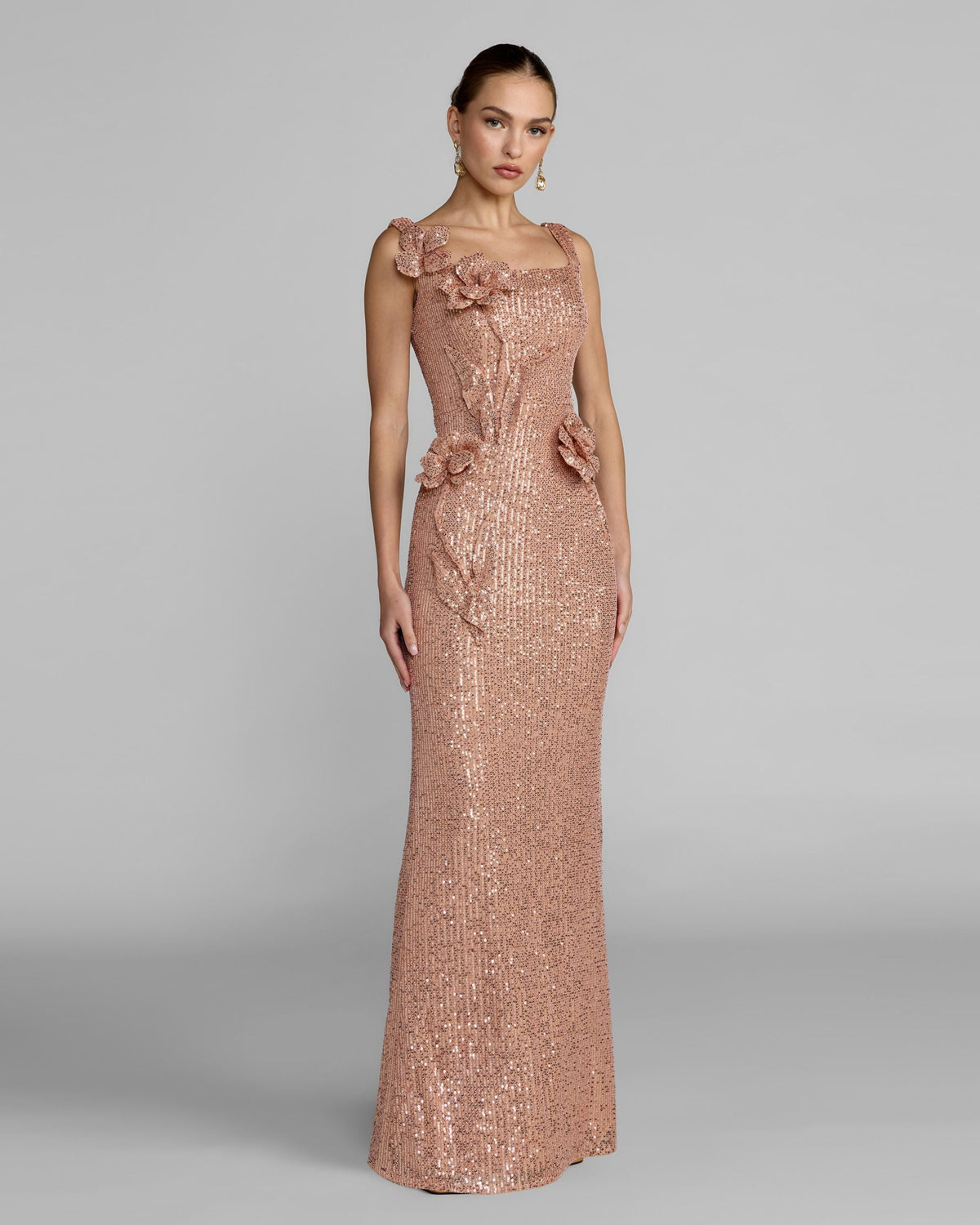 Light Pink Sequin Column Gown With 3D Flowers Contemporary Collection