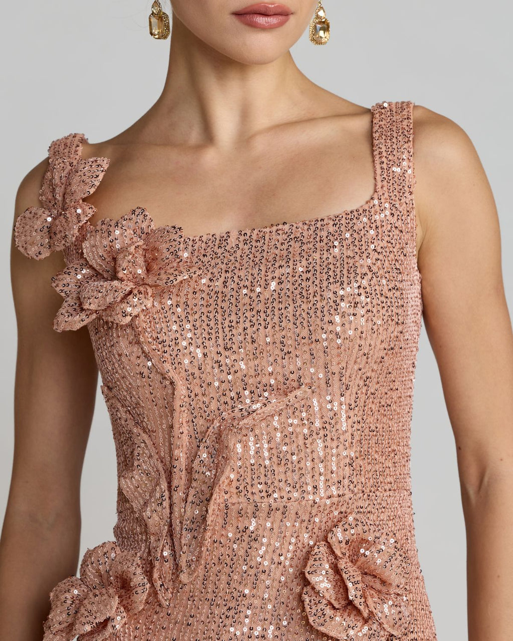 Light Pink Sequin Column Gown With 3D Flowers Contemporary Collection