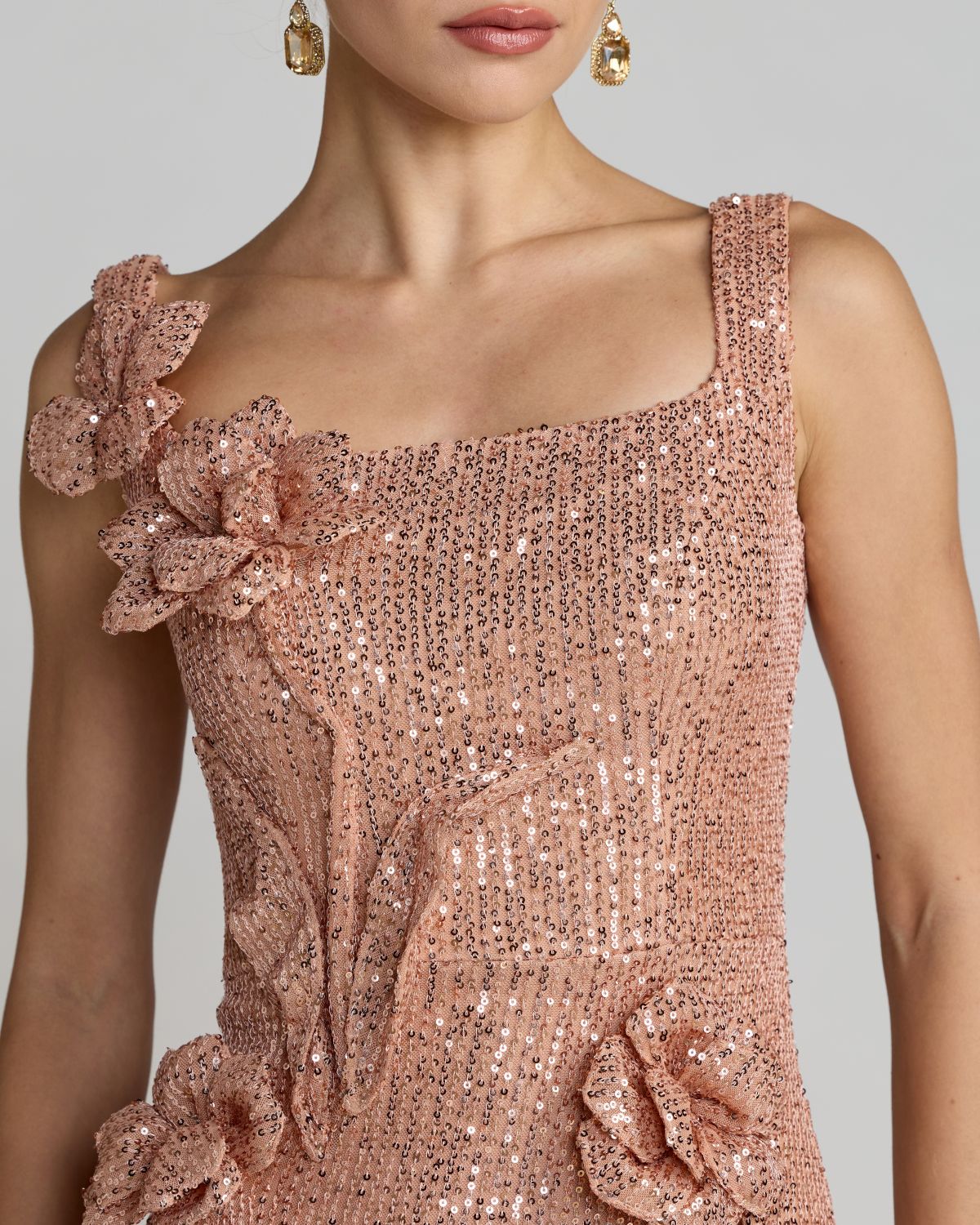 Light Pink Sequin Column Gown With 3D Flowers Contemporary Collection