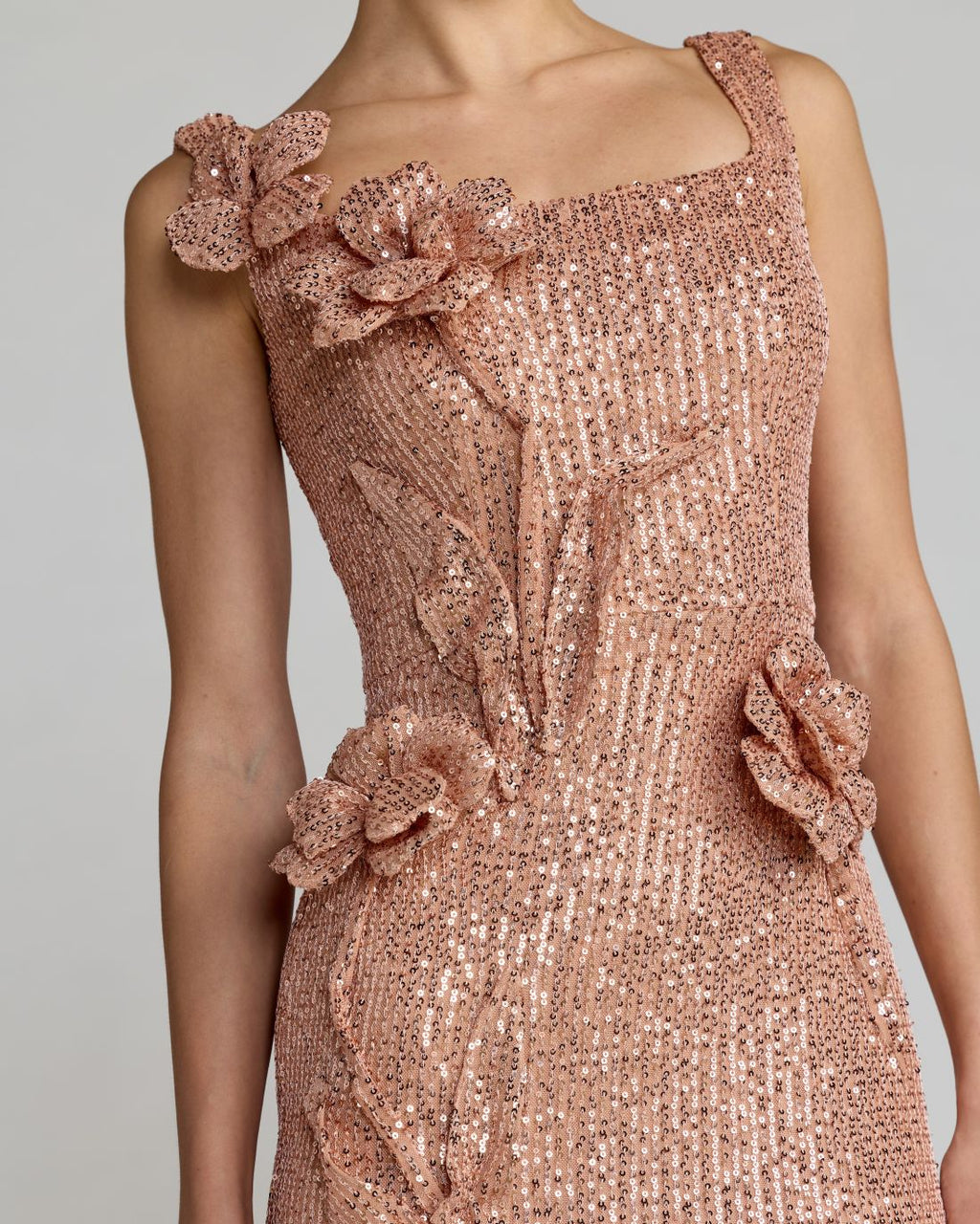 Light Pink Sequin Column Gown With 3D Flowers Contemporary Collection