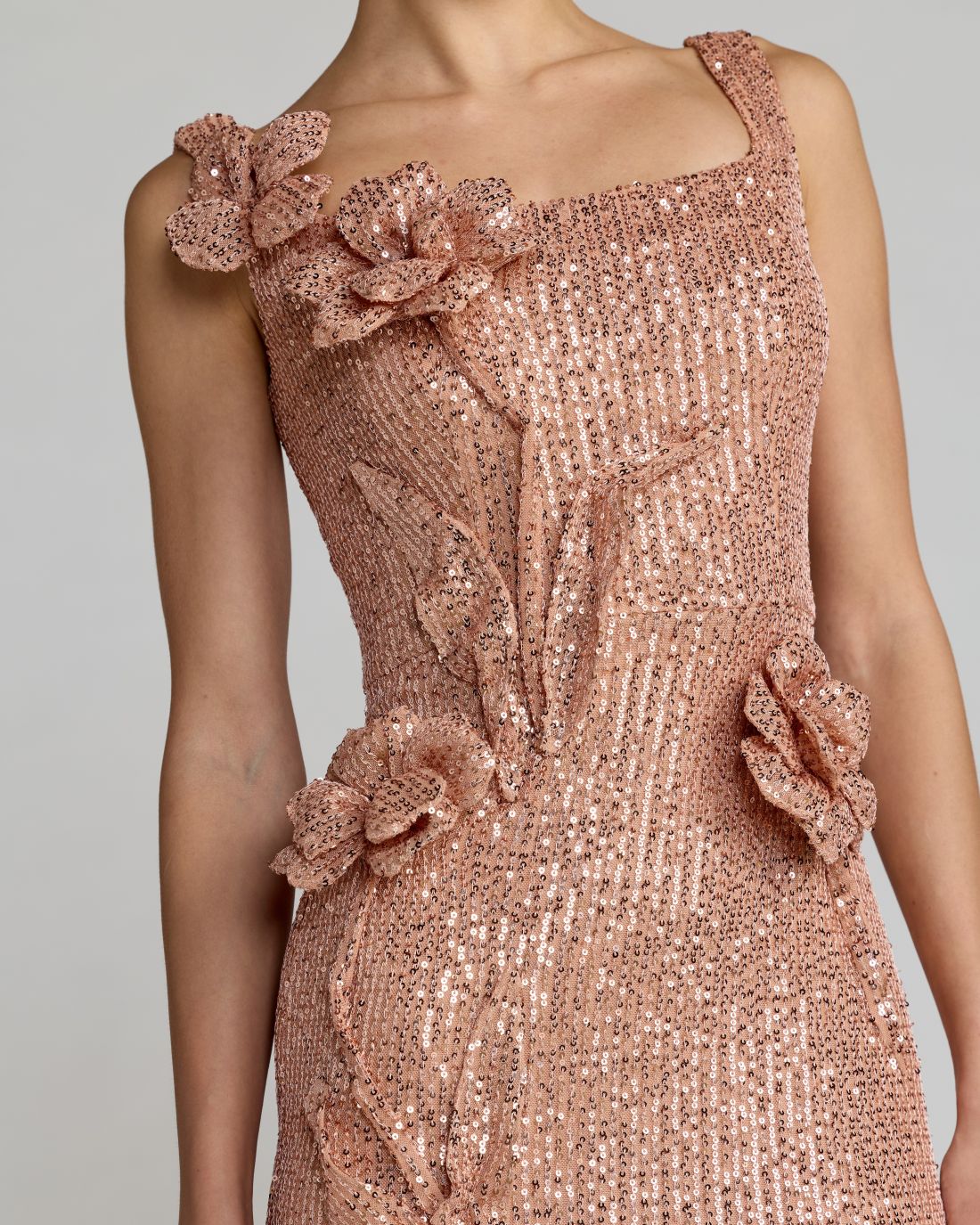 Light Pink Sequin Column Gown With 3D Flowers Contemporary Collection