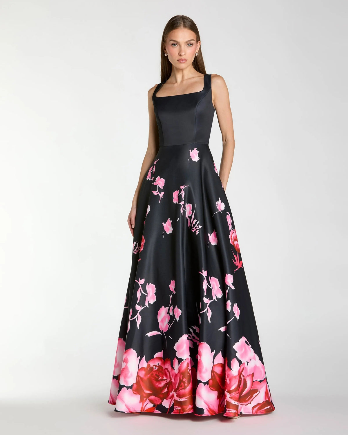 Black Square Neck Floral Print Ball Gown Contemporary Collection