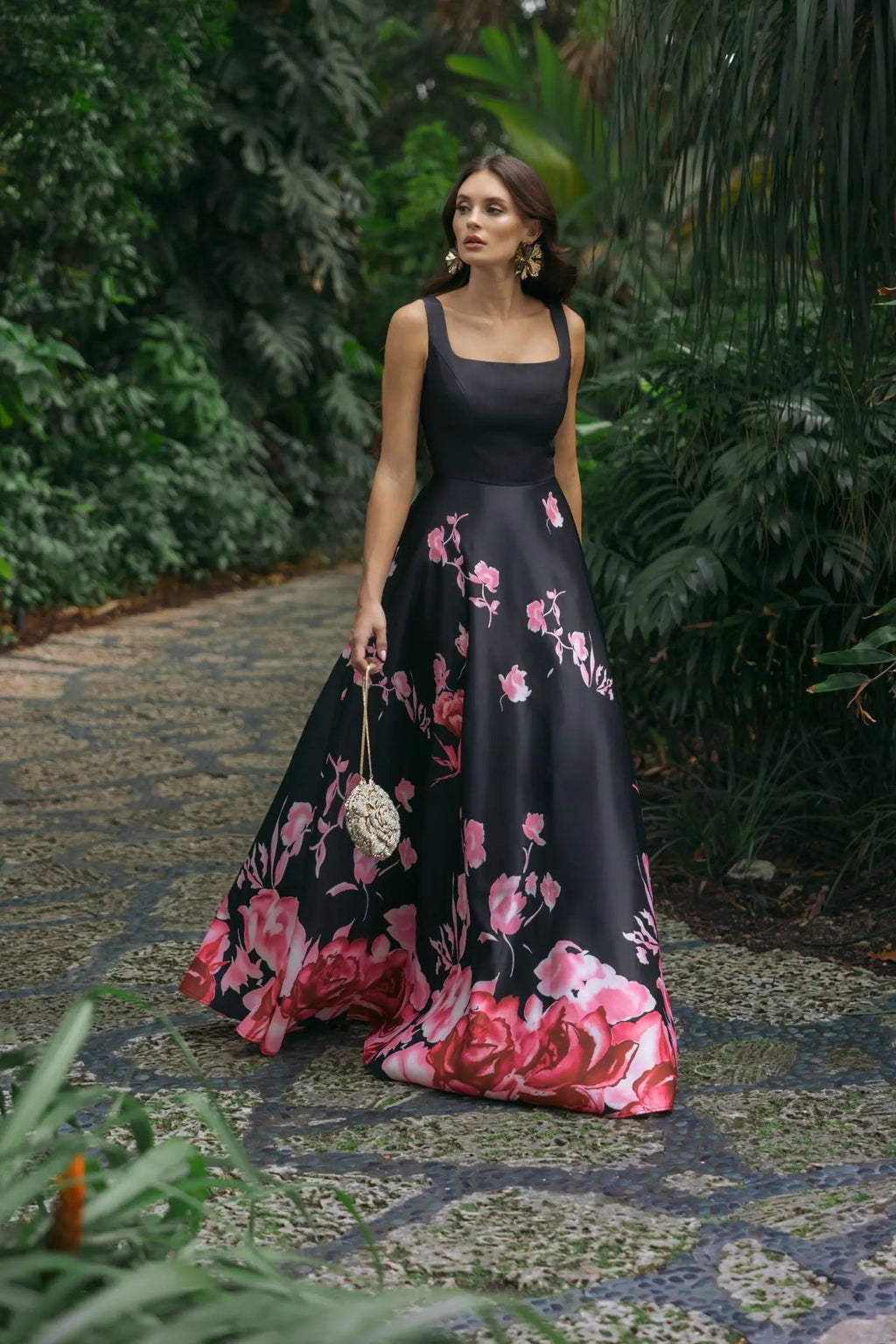 Black Square Neck Floral Print Ball Gown Contemporary Collection