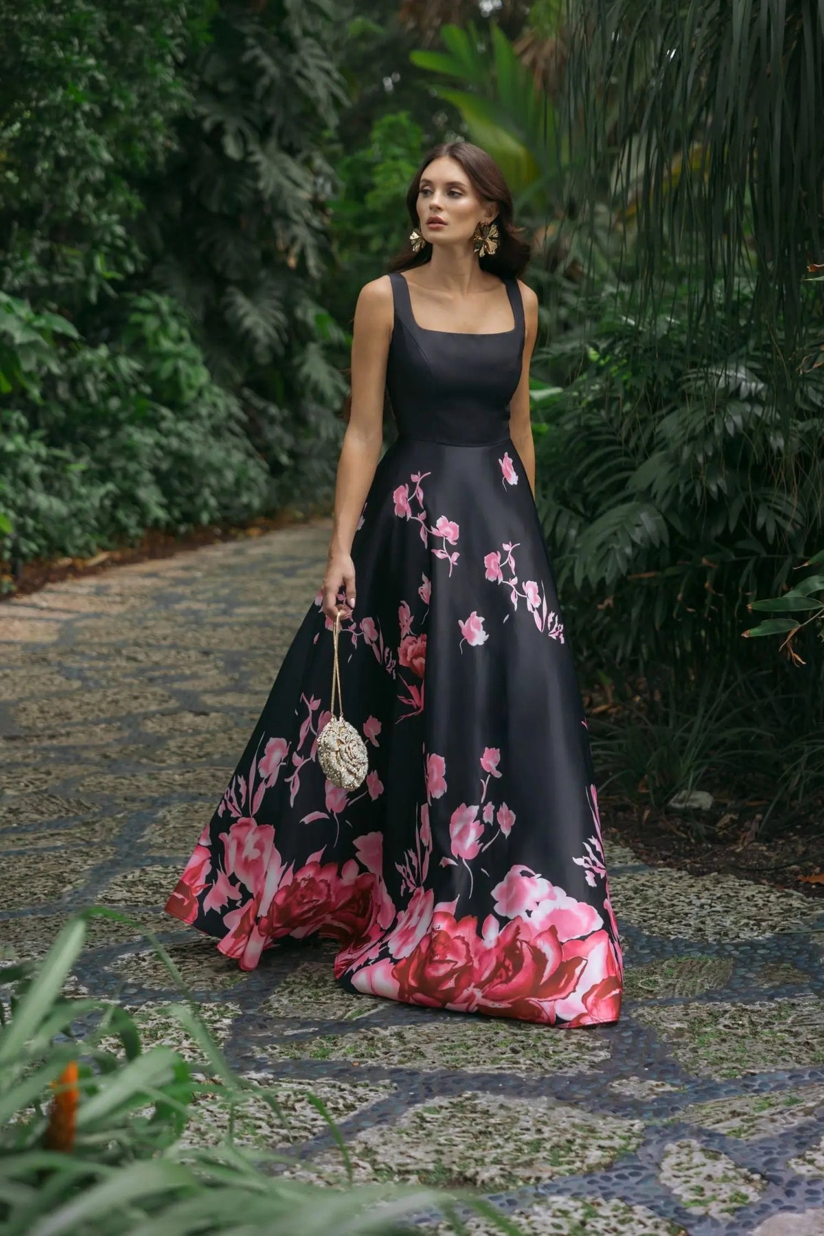 Black Square Neck Floral Print Ball Gown Contemporary Collection