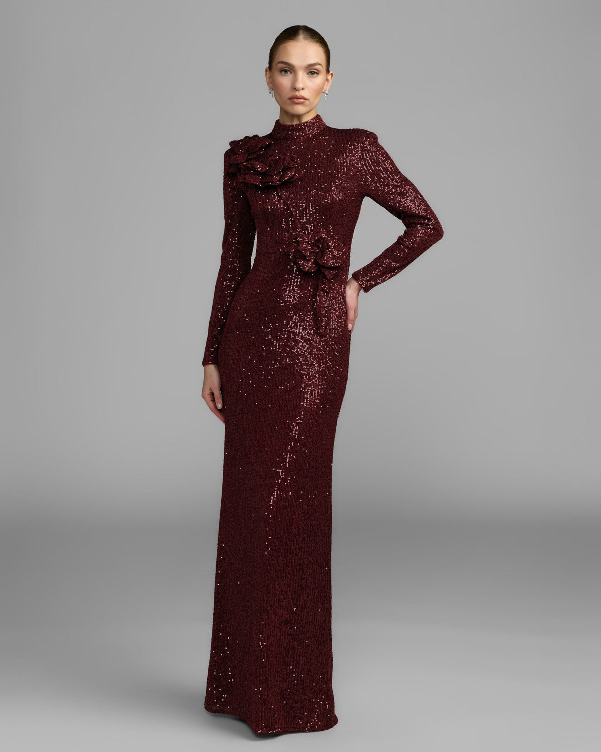 Burgundy Long Sleeve Sequin Gown With Flowers - Designer Collection