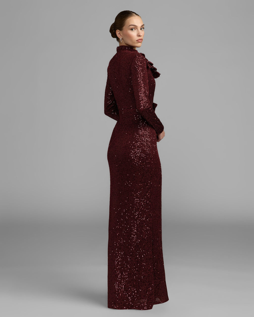 Burgundy Long Sleeve Sequin Gown With Flowers - Designer Collection
