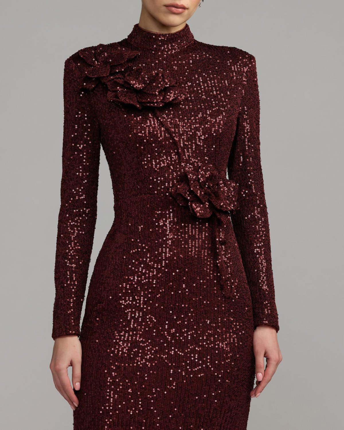 Burgundy Long Sleeve Sequin Gown With Flowers - Designer Collection