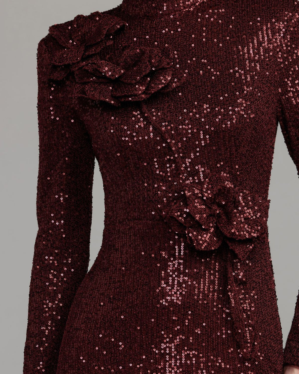 Burgundy Long Sleeve Sequin Gown With Flowers - Designer Collection