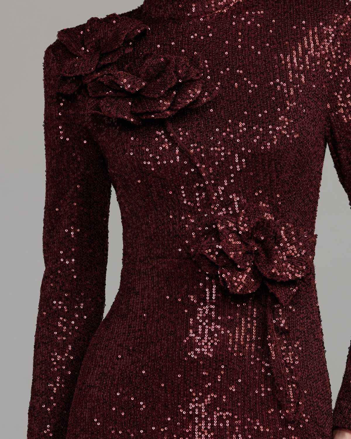 Burgundy Long Sleeve Sequin Gown With Flowers - Designer Collection