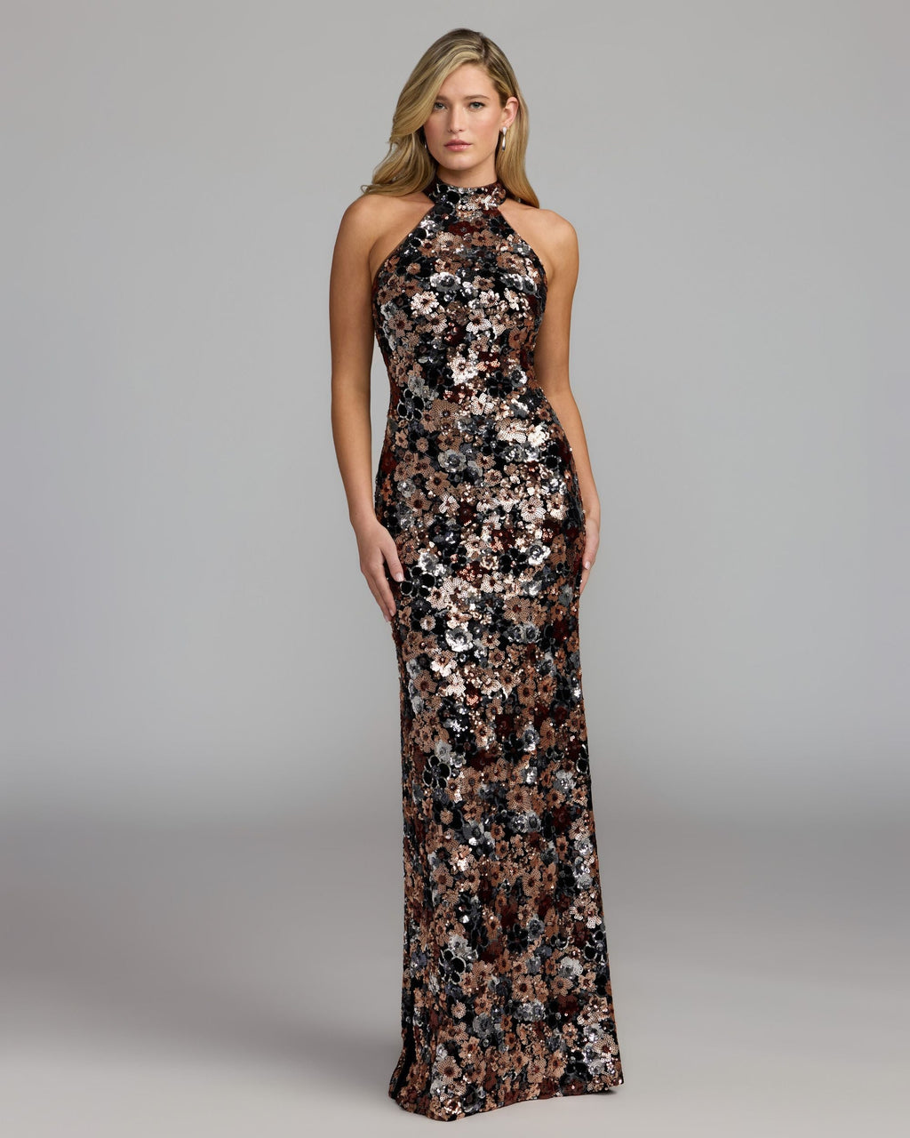 Black Gold Floral Sequin Velvet Halter Gown Designer Collection