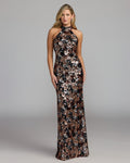 Black Gold Floral Sequin Velvet Halter Gown Designer Collection