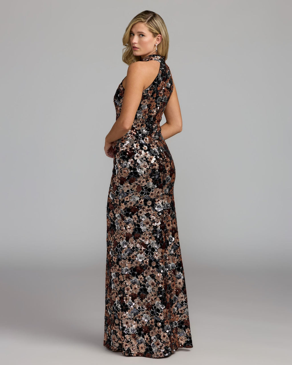 Black Gold Floral Sequin Velvet Halter Gown Designer Collection