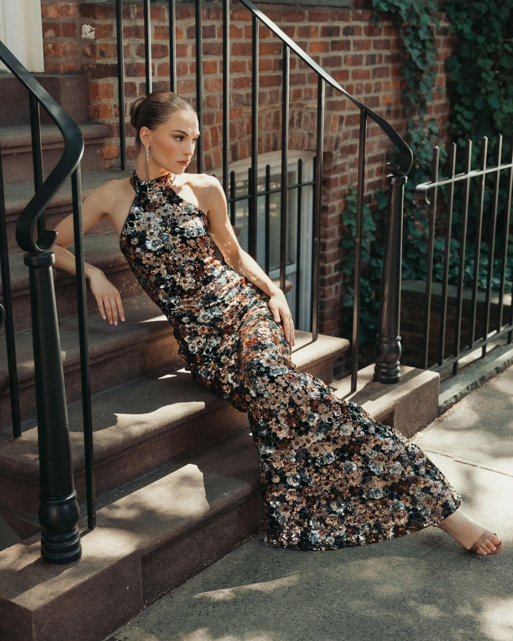 Black Gold Floral Sequin Velvet Halter Gown Designer Collection