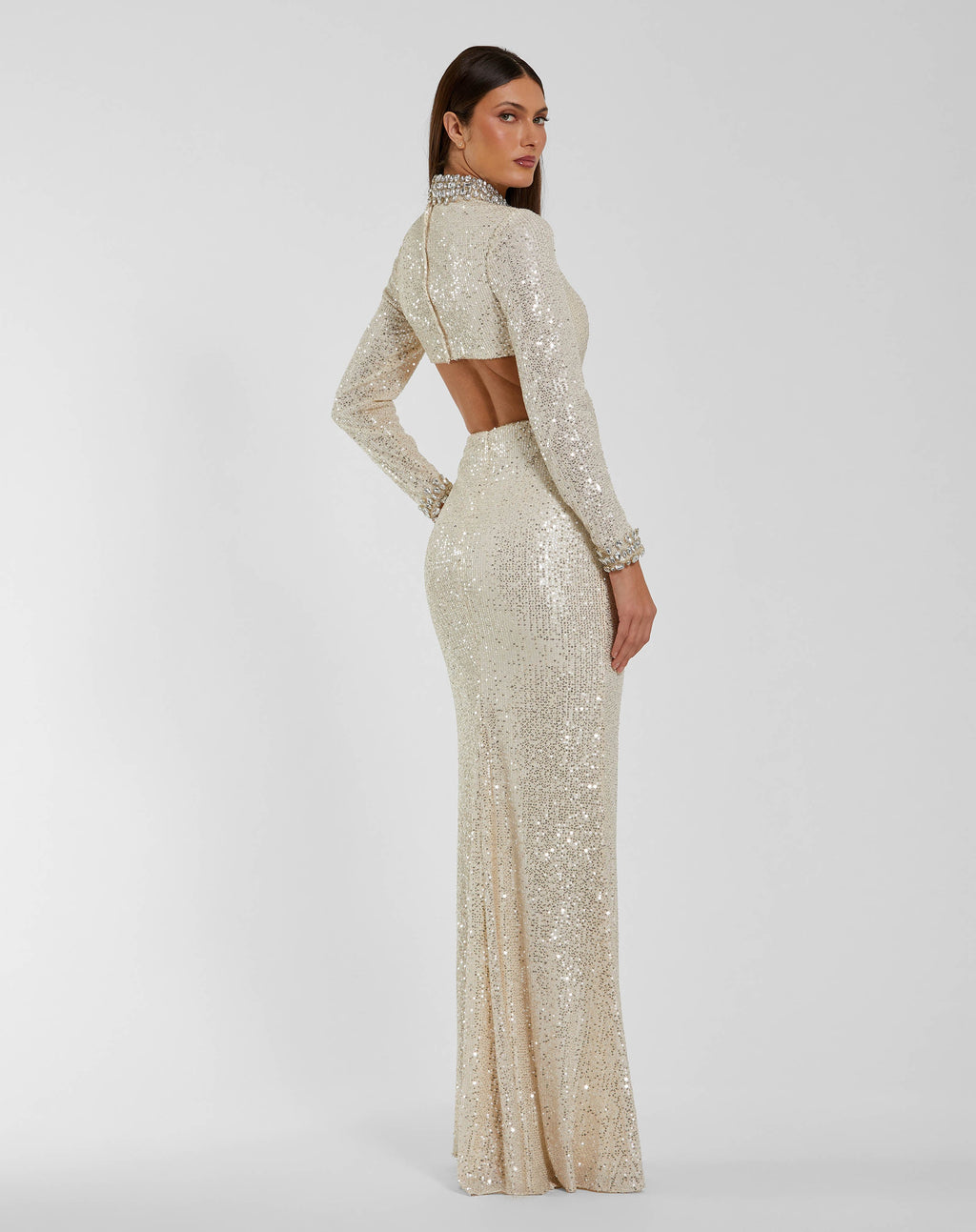Ivory Long Sleeve Sequin Cutout Gown Contemporary Collection