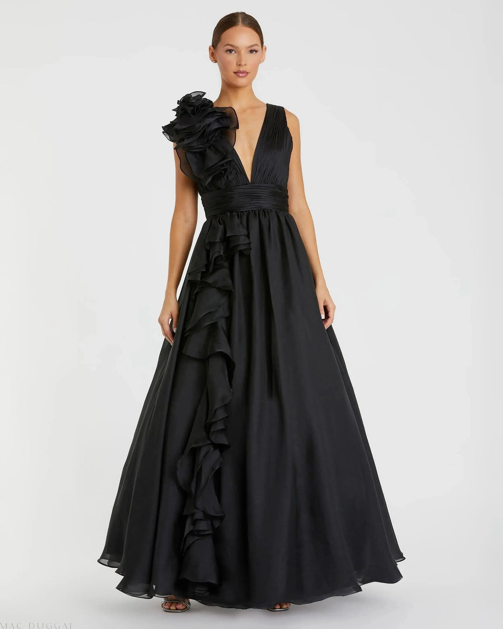 Black Ruffle Shoulder V-Neck Chiffon Gown - Designer Collection