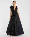 Black Ruffle Shoulder V-Neck Chiffon Gown - Designer Collection