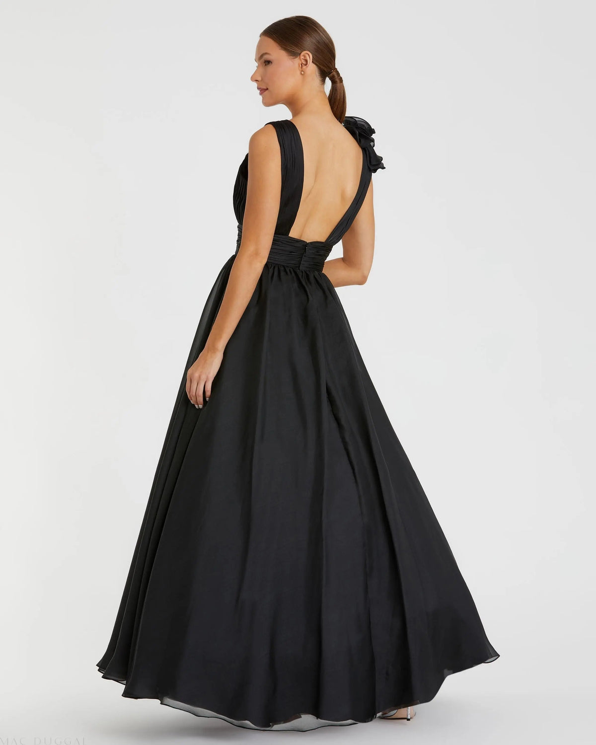 Black Ruffle Shoulder V-Neck Chiffon Gown - Designer Collection