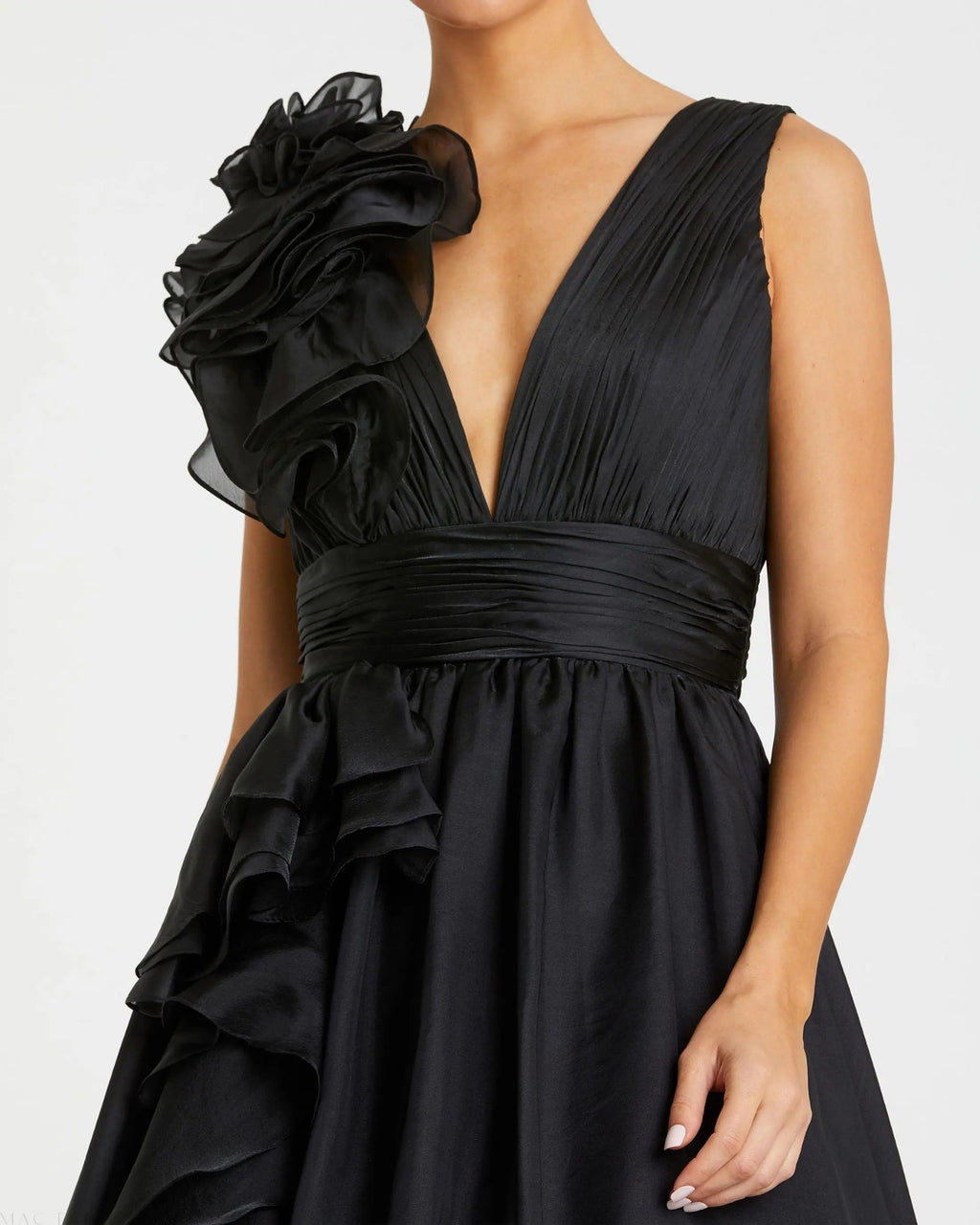 Black Ruffle Shoulder V-Neck Chiffon Gown - Designer Collection