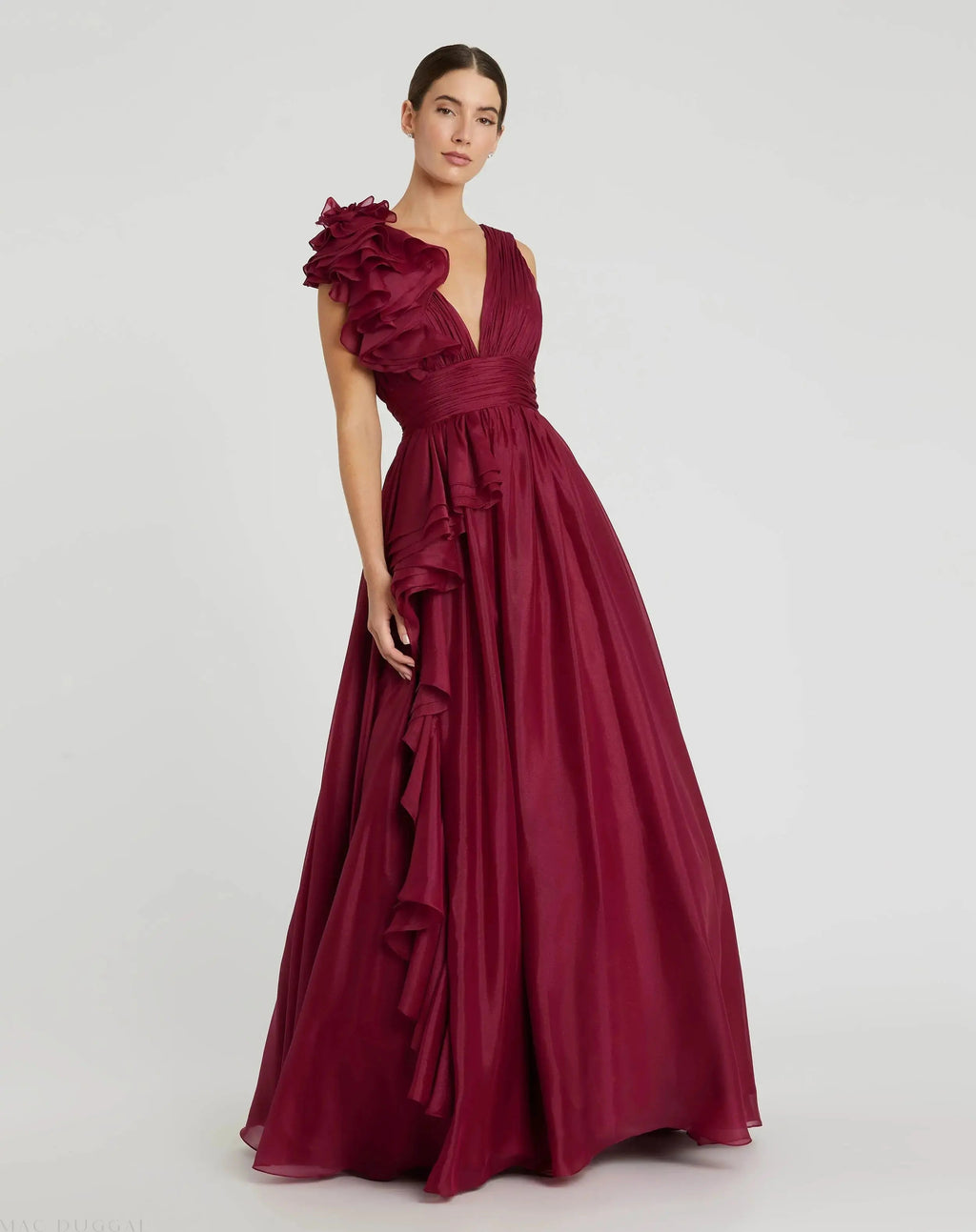 Dark Red Ruffle Shoulder V-Neck Chiffon Gown - Designer Collection