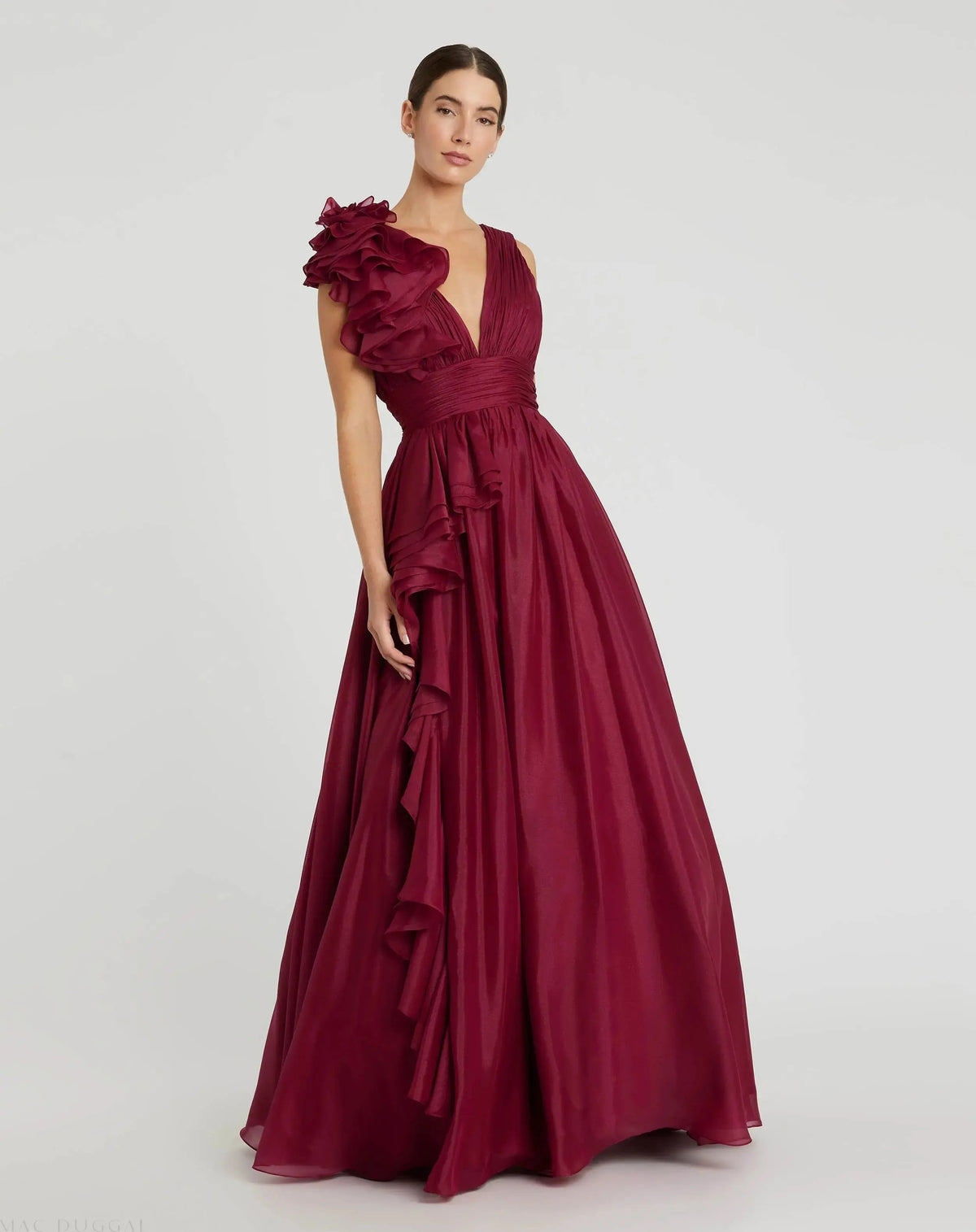 Dark Red Ruffle Shoulder V-Neck Chiffon Gown - Designer Collection