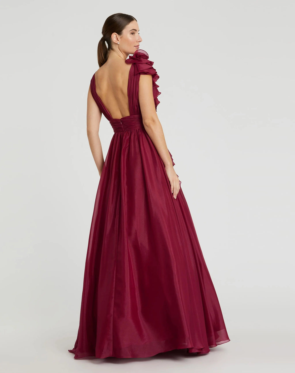 Dark Red Ruffle Shoulder V-Neck Chiffon Gown - Designer Collection