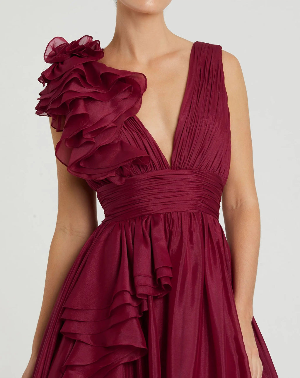 Dark Red Ruffle Shoulder V-Neck Chiffon Gown - Designer Collection
