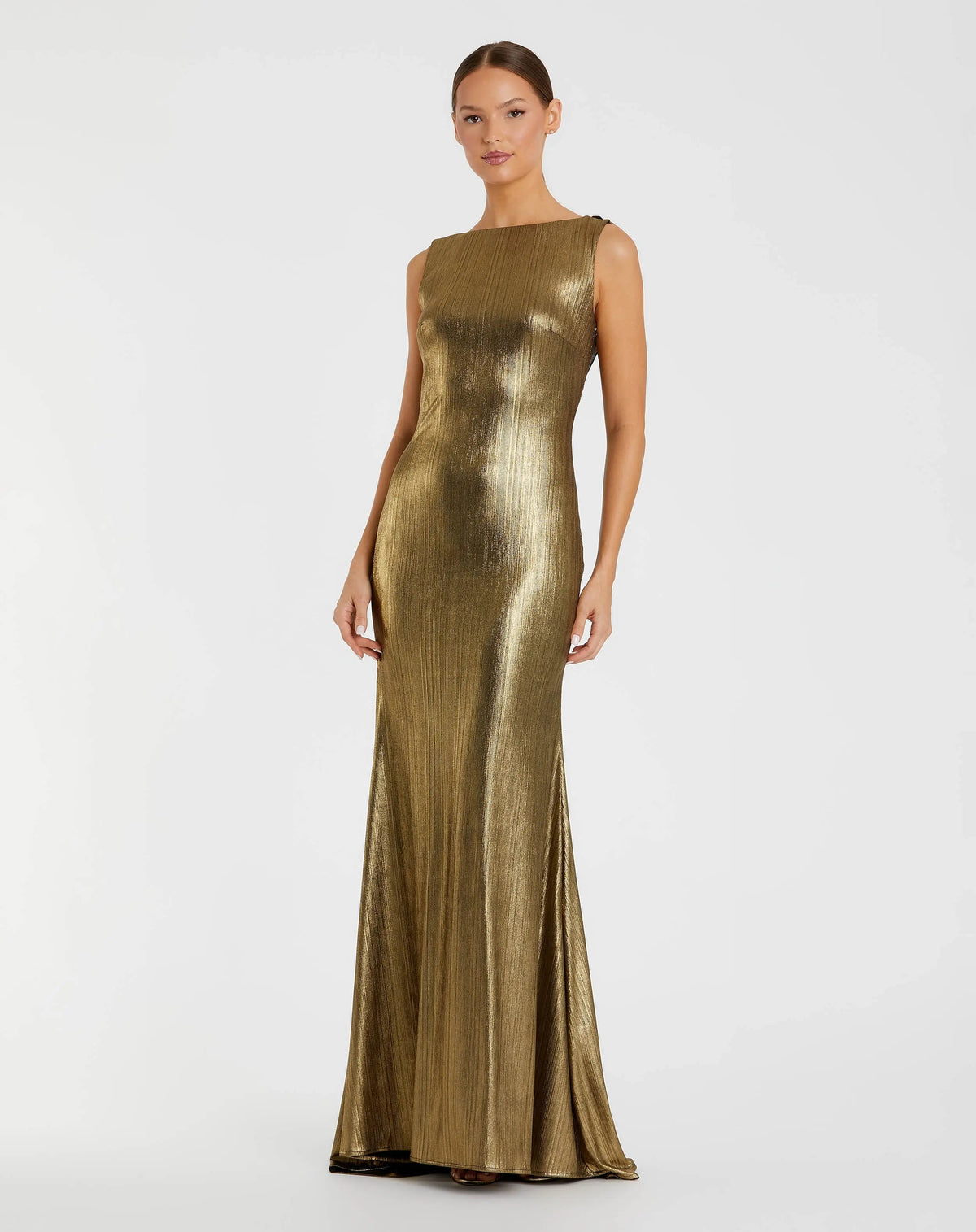 Gold Metallic Jersey Cowl Back Column Gown - Contemporary Collection
