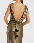 Gold Metallic Jersey Cowl Back Column Gown Contemporary Collection