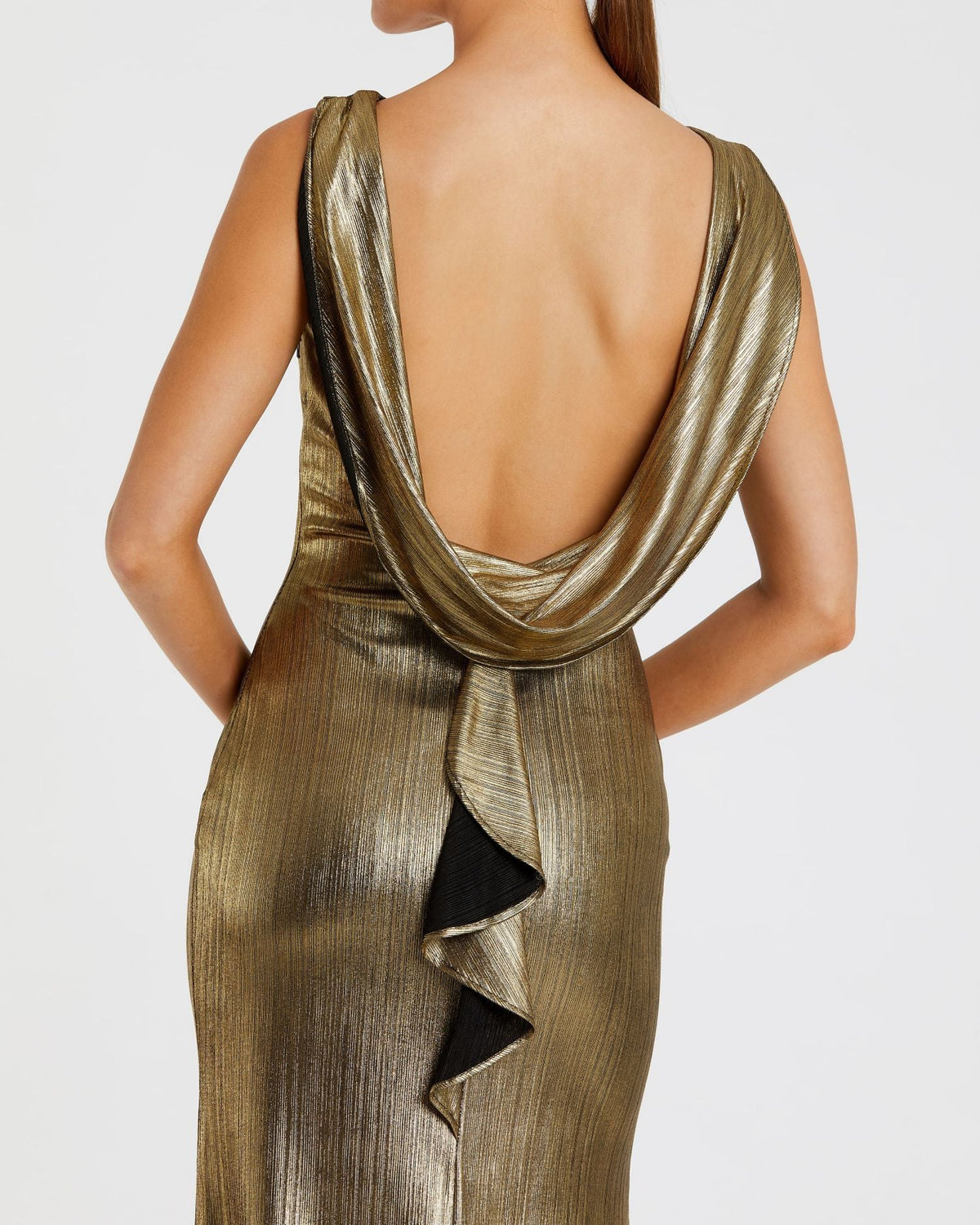 Gold Metallic Jersey Cowl Back Column Gown Contemporary Collection
