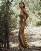 Gold Metallic Jersey Cowl Back Column Gown - Contemporary Collection