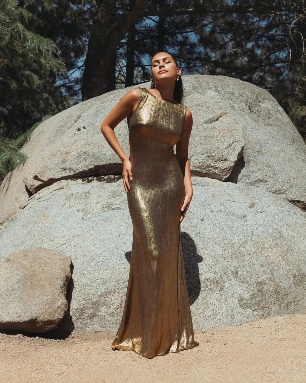 Gold Metallic Jersey Cowl Back Column Gown - Contemporary Collection