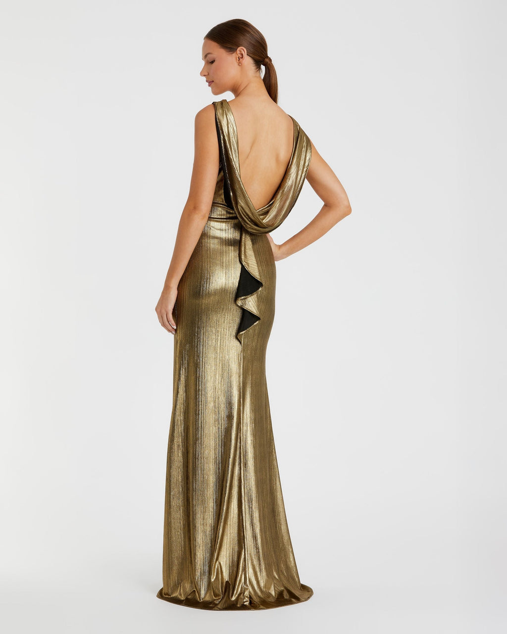Gold Metallic Jersey Cowl Back Column Gown Contemporary Collection