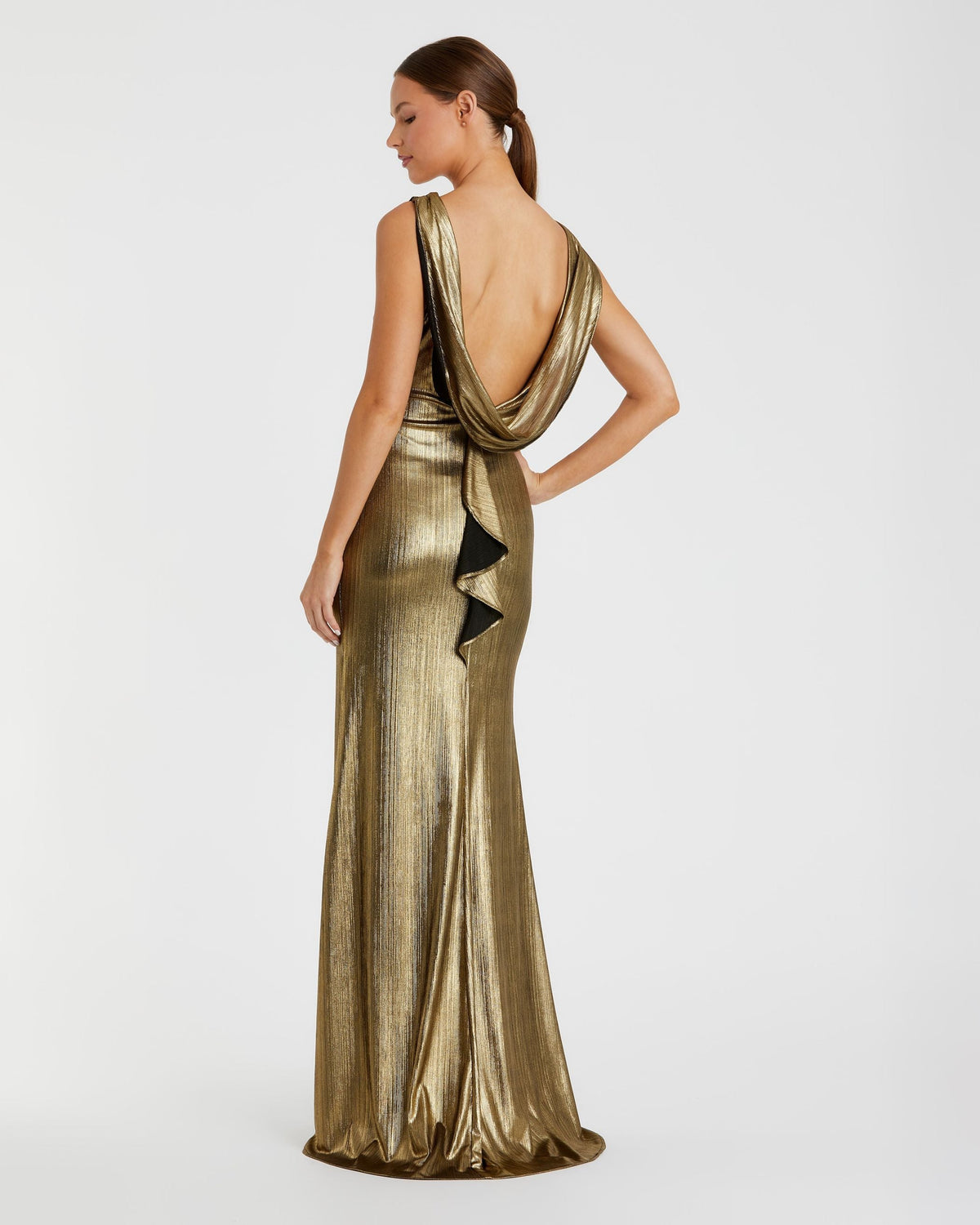 Gold Metallic Jersey Cowl Back Column Gown Contemporary Collection