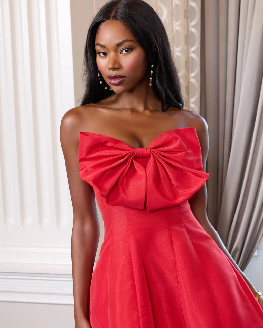 Red Strapless Oversized Bow Fit & Flare Mini Dress Contemporary Collection