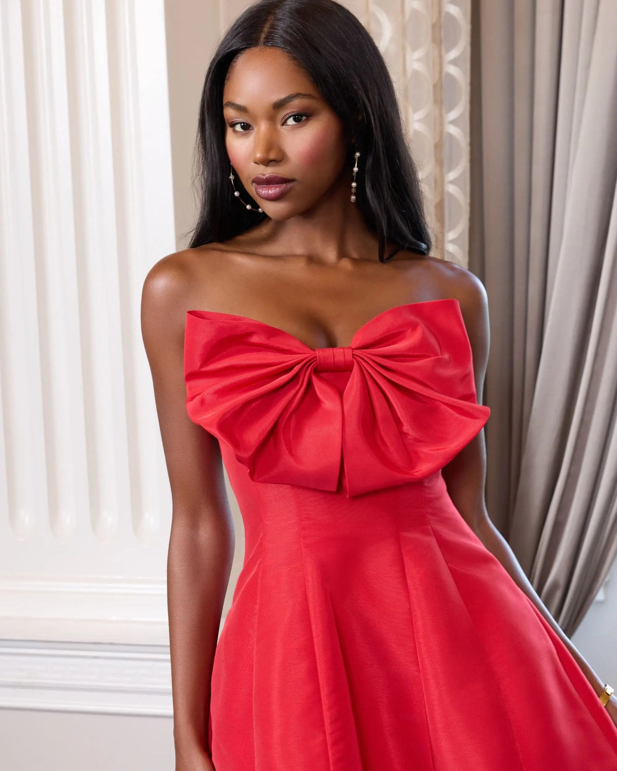 Red Strapless Oversized Bow Fit & Flare Mini Dress Contemporary Collection