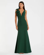 Green Sleeveless V Neck Bow Detail Mermaid Gown - Designer Collection