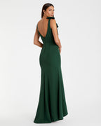 Green Sleeveless V Neck Bow Detail Mermaid Gown - Designer Collection