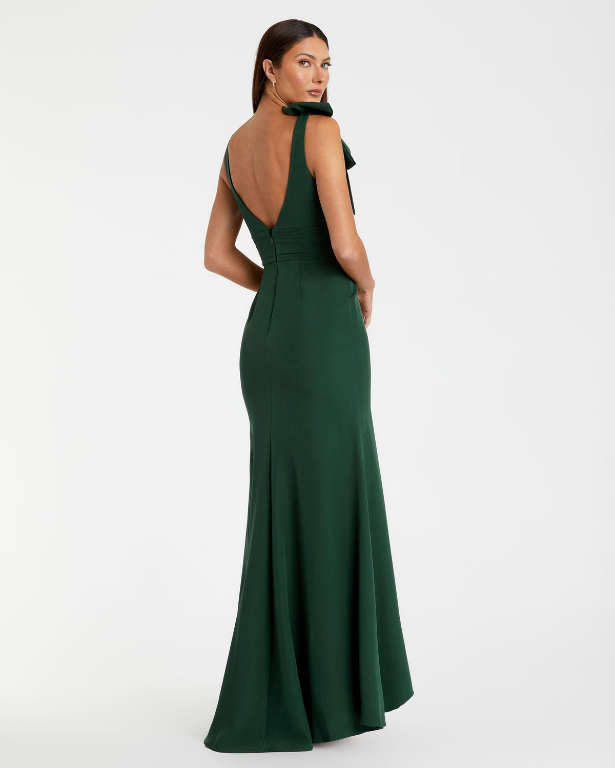 Green Sleeveless V Neck Bow Detail Mermaid Gown - Designer Collection