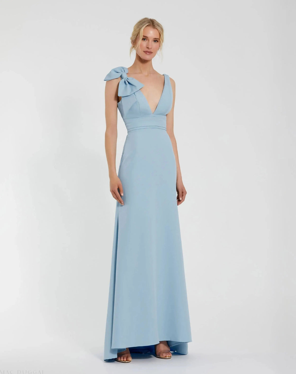 Blue Sleeveless V Neck Bow Detail Mermaid Gown - Designer Collection