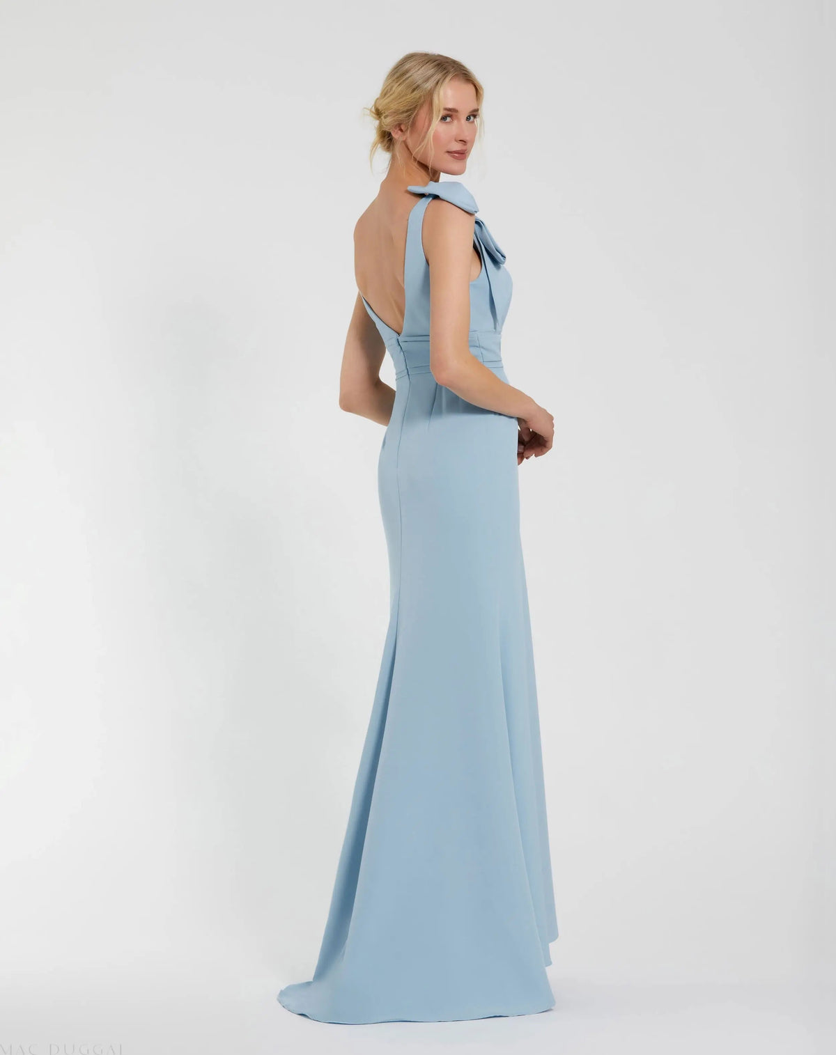 Blue Sleeveless V Neck Bow Detail Mermaid Gown - Designer Collection