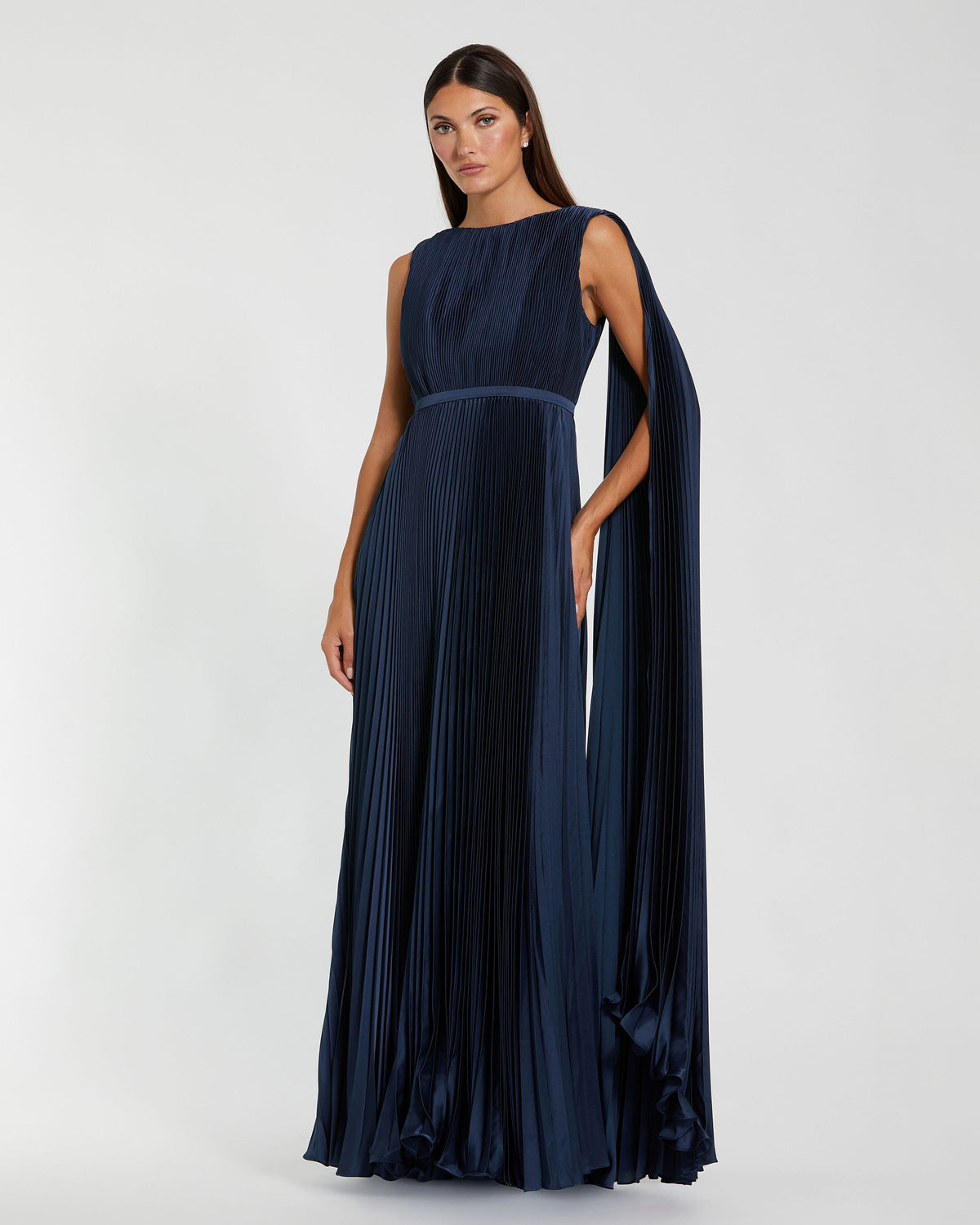Navy Pleated Cape Back Gown Contemporary Collection