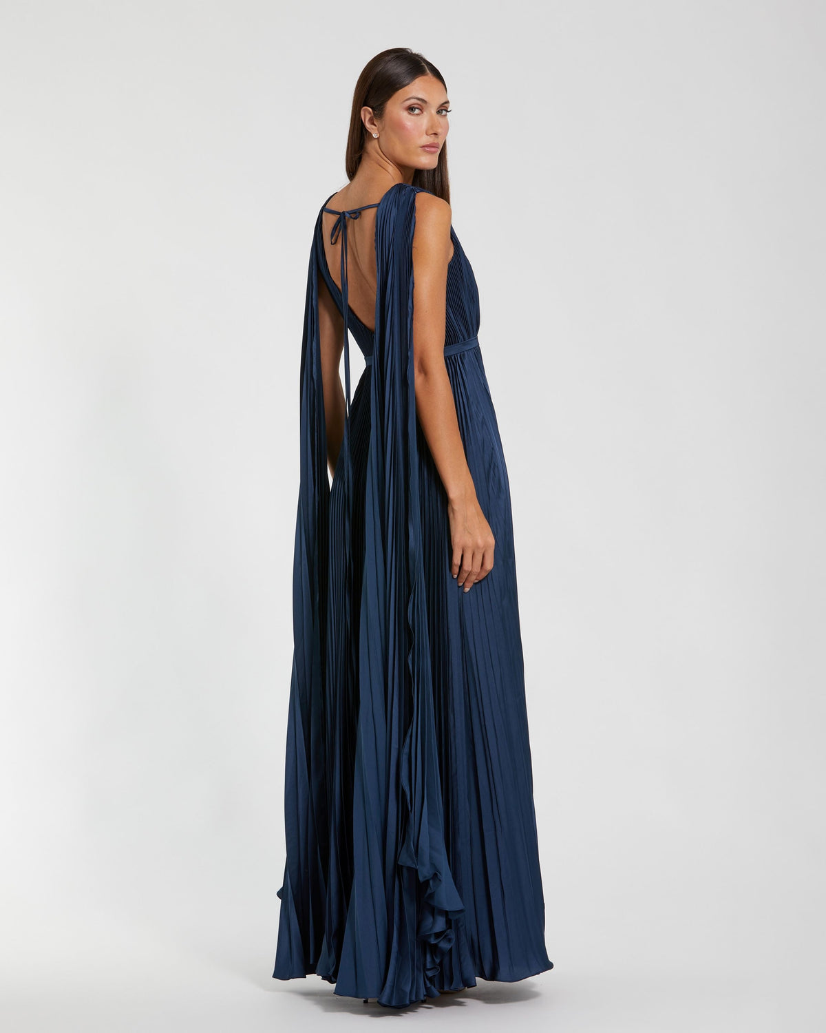 Navy Pleated Cape Back Gown Contemporary Collection