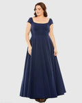 Navy Cap Sleeve Square Neck Ball Gown Designer Collection