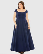 Navy Cap Sleeve Square Neck Ball Gown Designer Collection