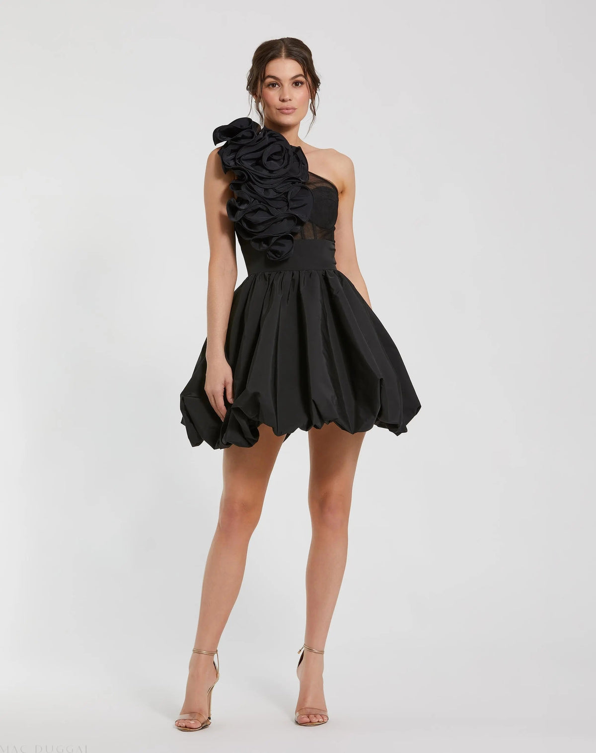 Black Taffeta One Shoulder Ruffle Bubble Mini Dress - Contemporary Collection